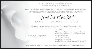 Traueranzeige von Gisela Heckel von Pegnitz-Zeitung